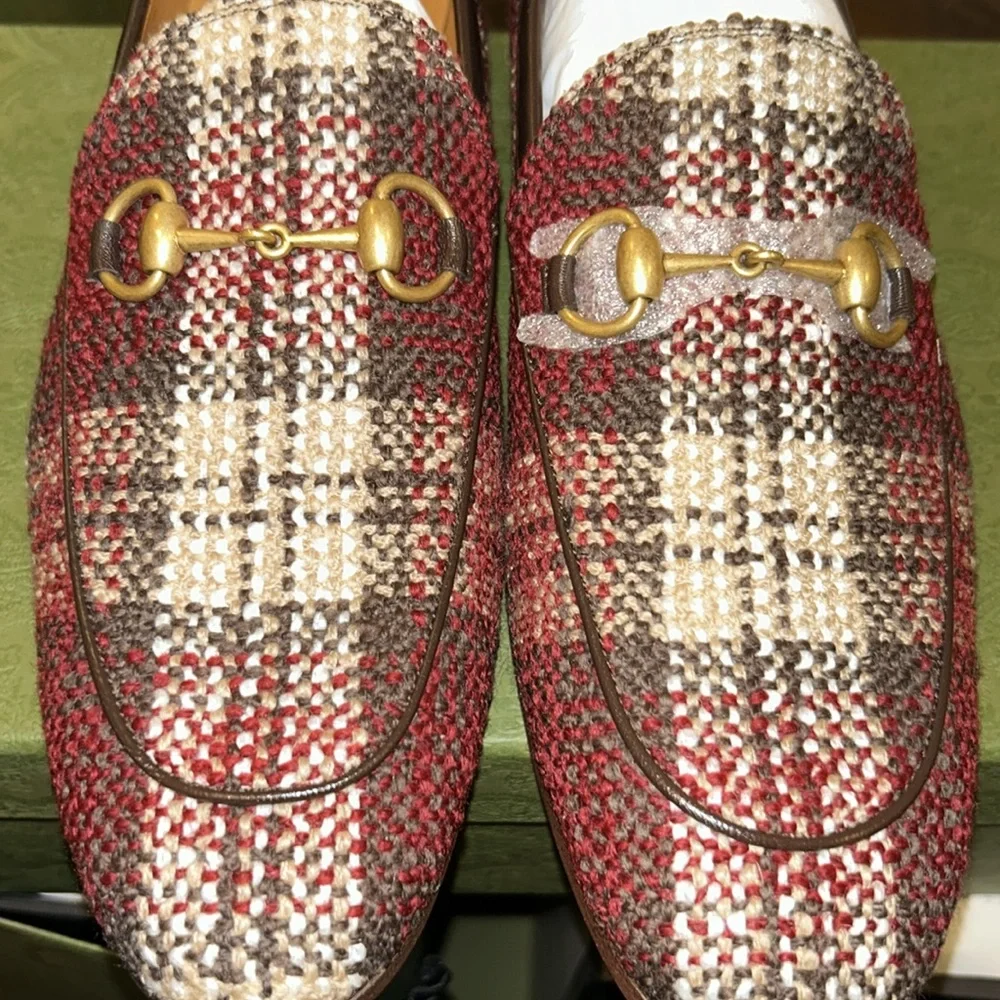 GUCCI 
Vintage Tweed Check Horsebit Mens Jordaan Loafers 8.5Red Beige White - Picture 5 of 7